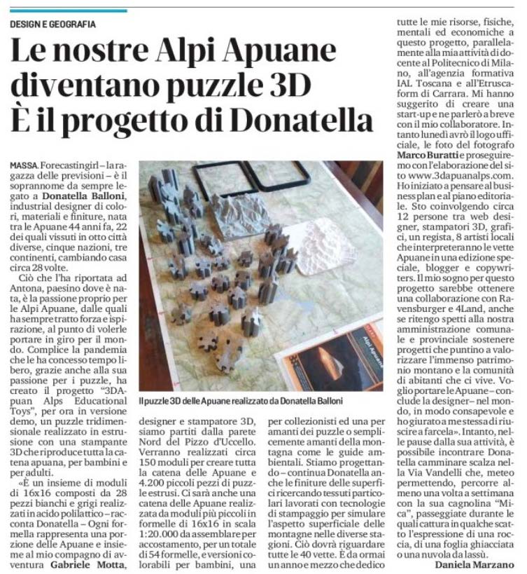 Il Tirreno - Massa Carrara: Le nostre Alpi Apuane diverranno puzzle 3D